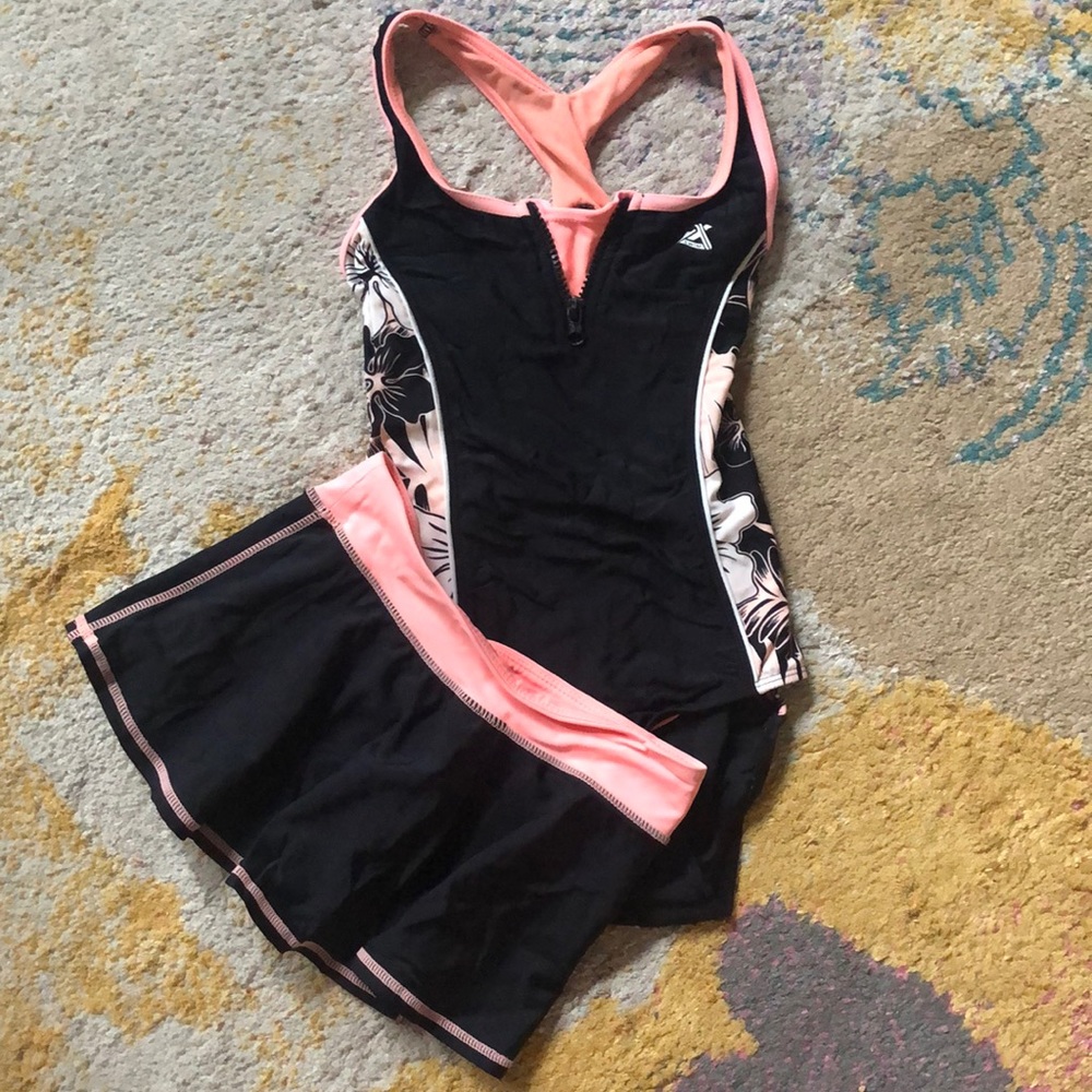 Black and Salmon Pink One Piece Bathing Suit with Skirt (21)